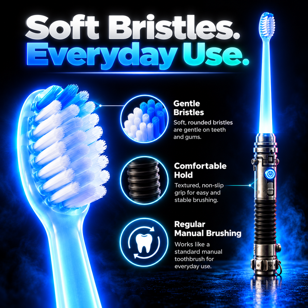 Soft toothbrush bristles and comfortable handle