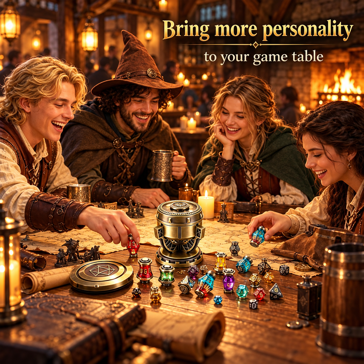 Styled fantasy game-night group enjoying tabletop dice together