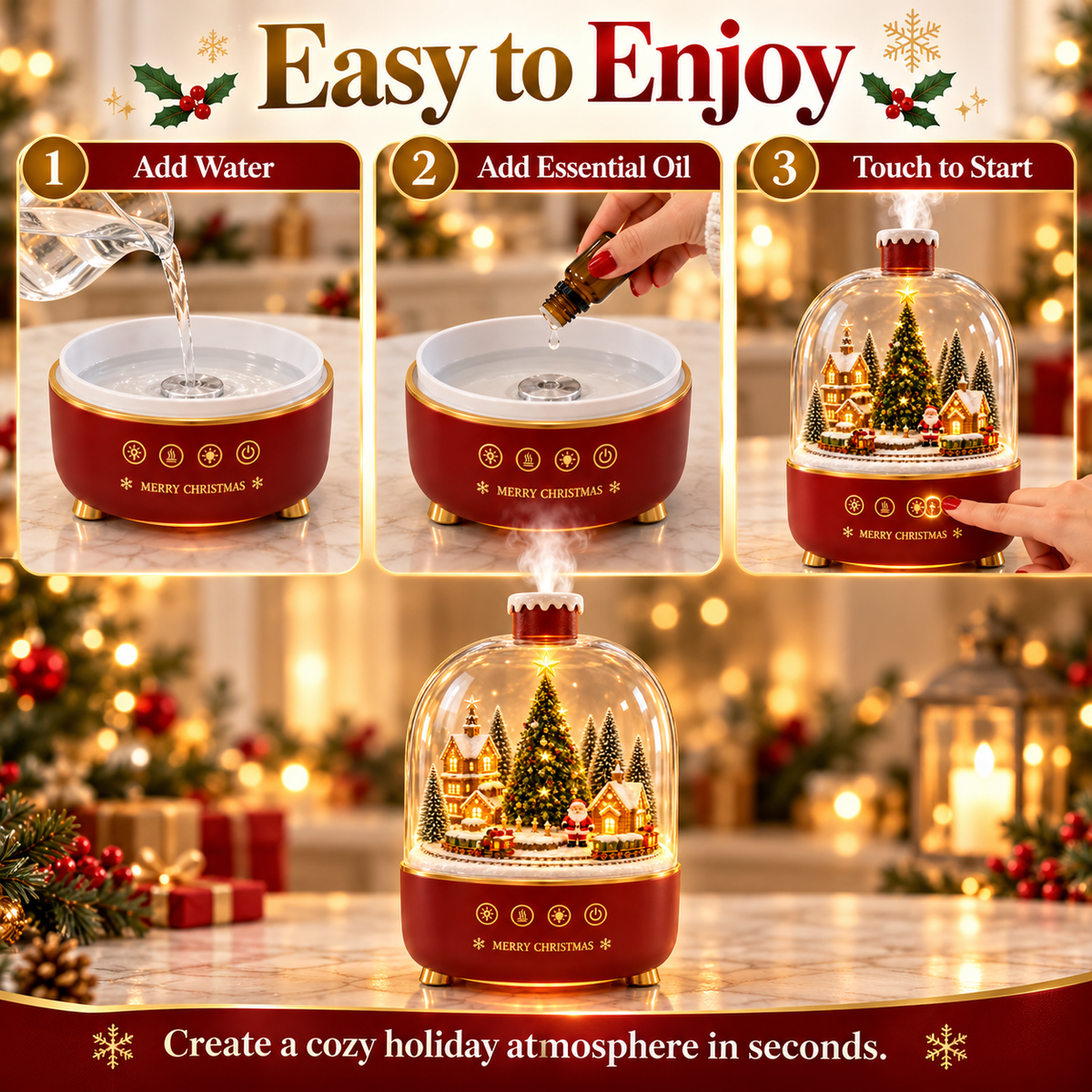 How to set up Christmas diffuser with water and essential oil if compatible