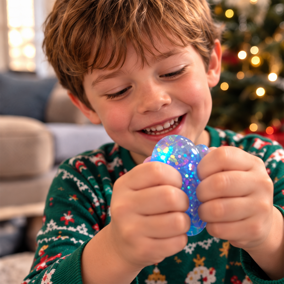 Child smiling while squeezing a colorful squishy toy at home