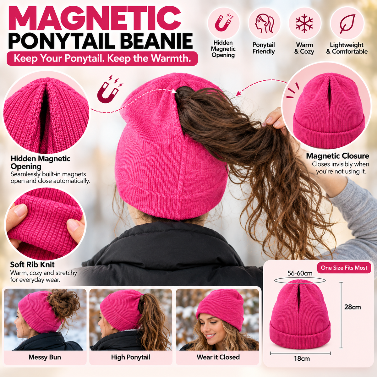 ✨2-in-1 Ponytail Knit Beanie — Features a built-in magnetic closure; no zipper design❄️