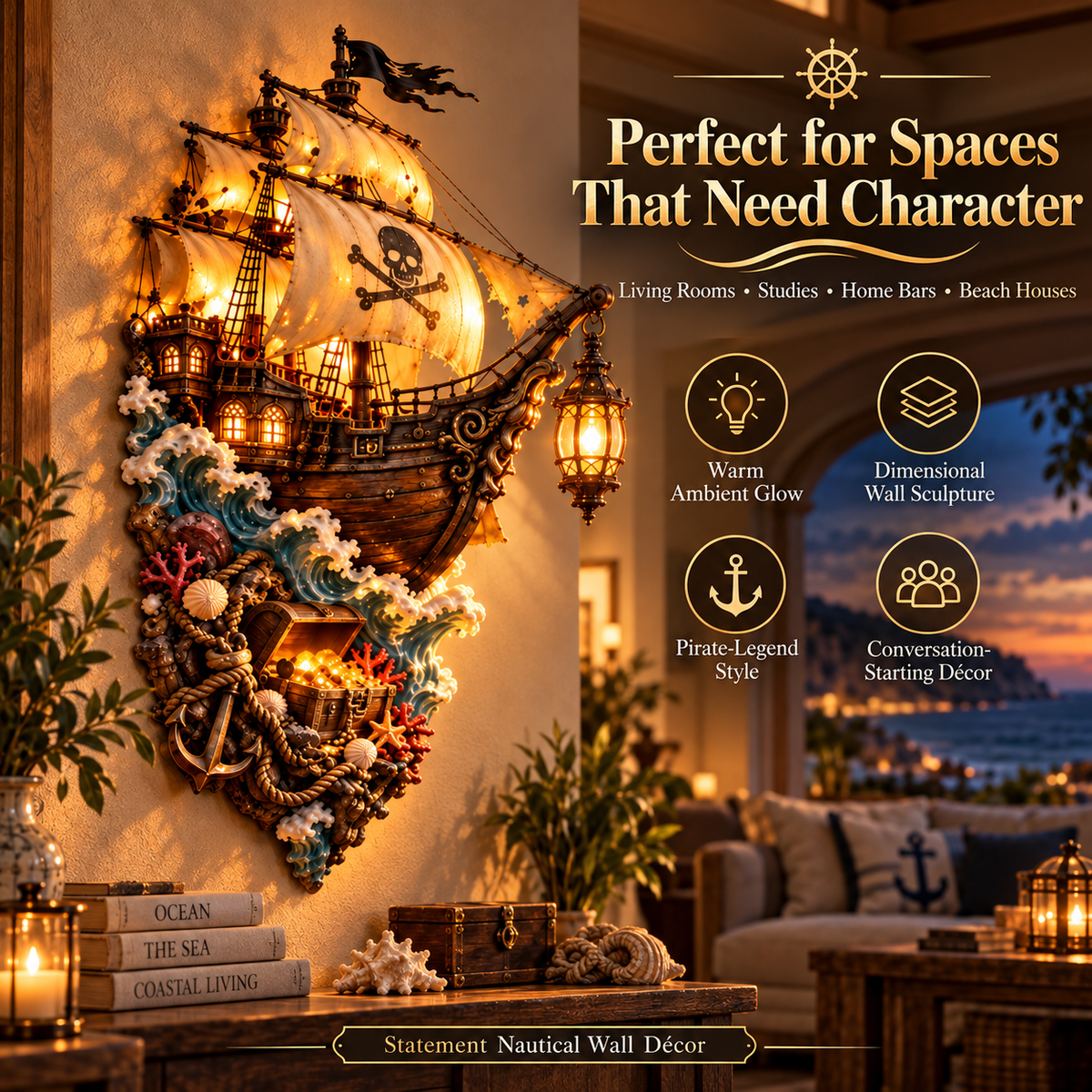 Captain's Lost Treasure – Lighted 3D Pirate Ship Wall Art, Vintage Nautical Decor for Home Bar, Study & Living Room