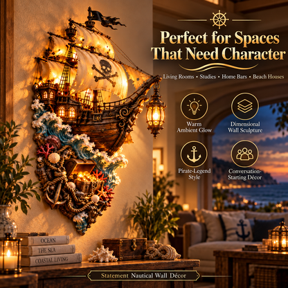 Captain's Lost Treasure – Lighted 3D Pirate Ship Wall Art, Vintage Nautical Decor for Home Bar, Study & Living Room