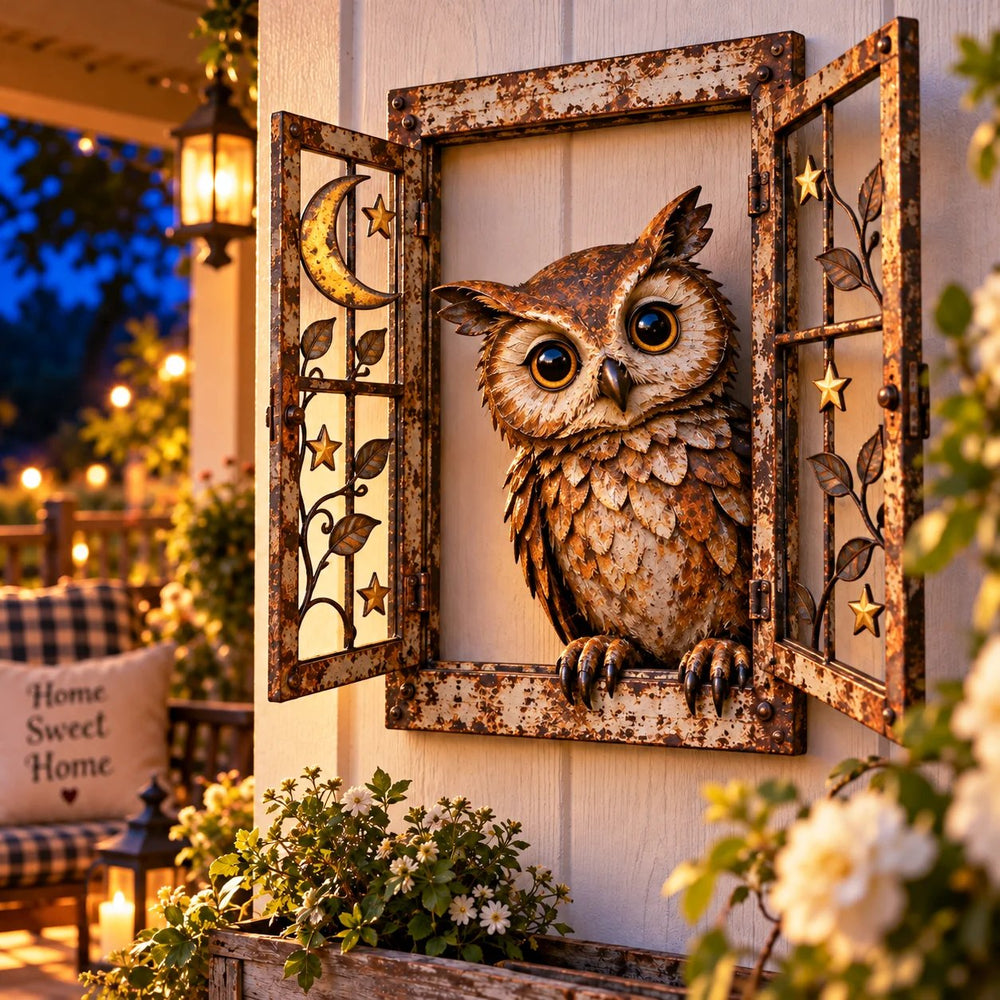 Owl appearing in a rustic window sculpture on a cozy porch