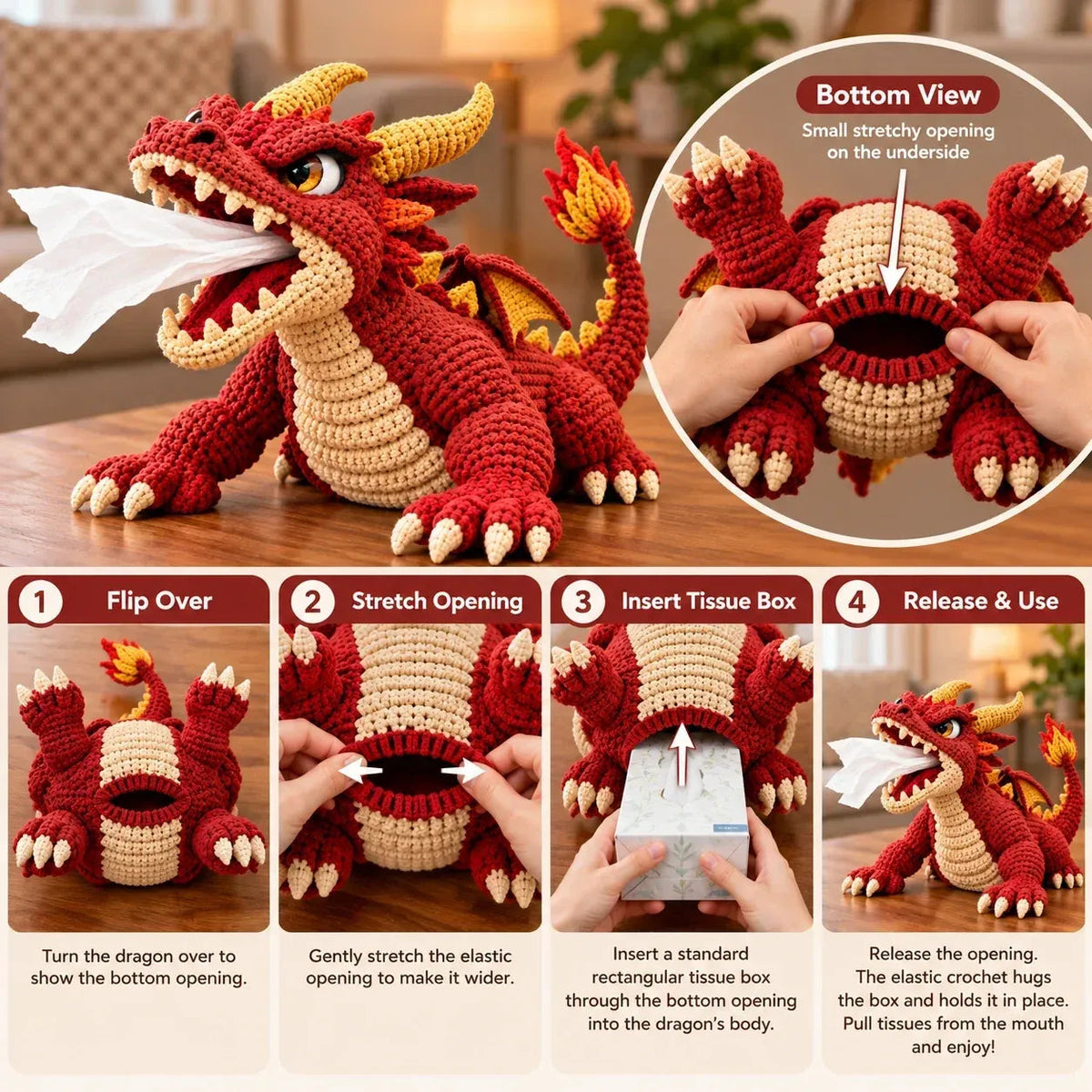 🐉 Fantasy Crochet Tissue Box Cover DIY Kit | Dragon or Lava Turtle Design with Functional Tissue Dispenser 🧶