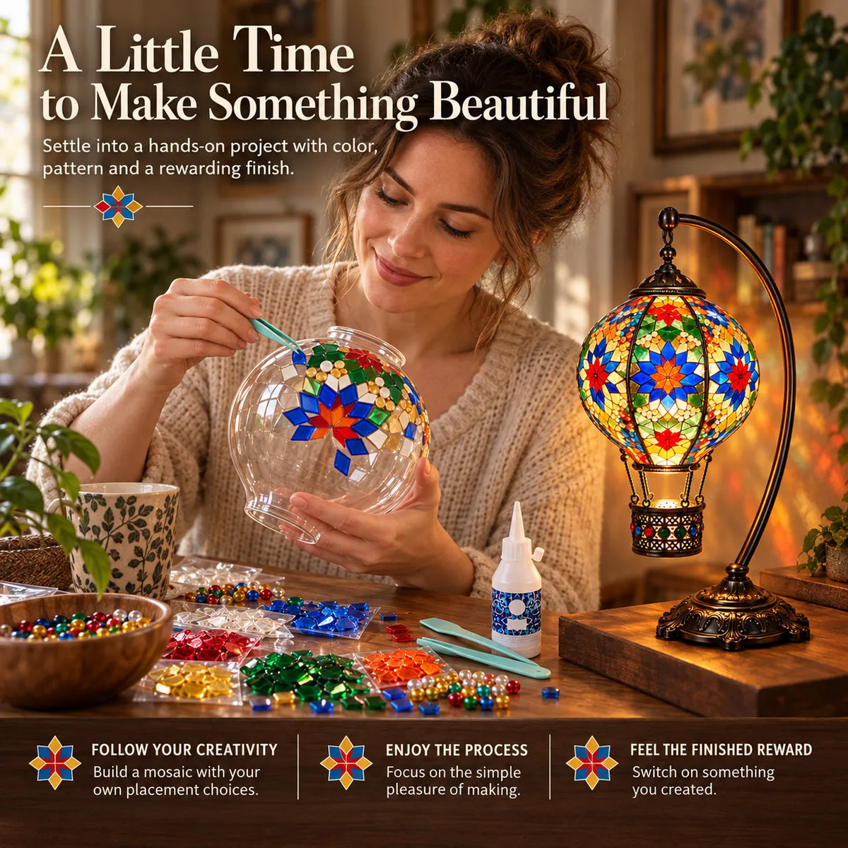 ⏳ Last Day 49% OFF – 🎨 Beginner-Friendly Turkish Mosaic Hot Air Balloon Lamp DIY Kit | Complete Kit with Mosaic Pieces, Tools & USB Light Included ✨