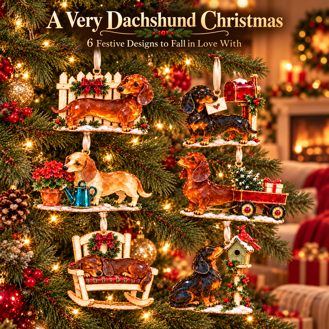 All six dachshund Christmas ornament designs