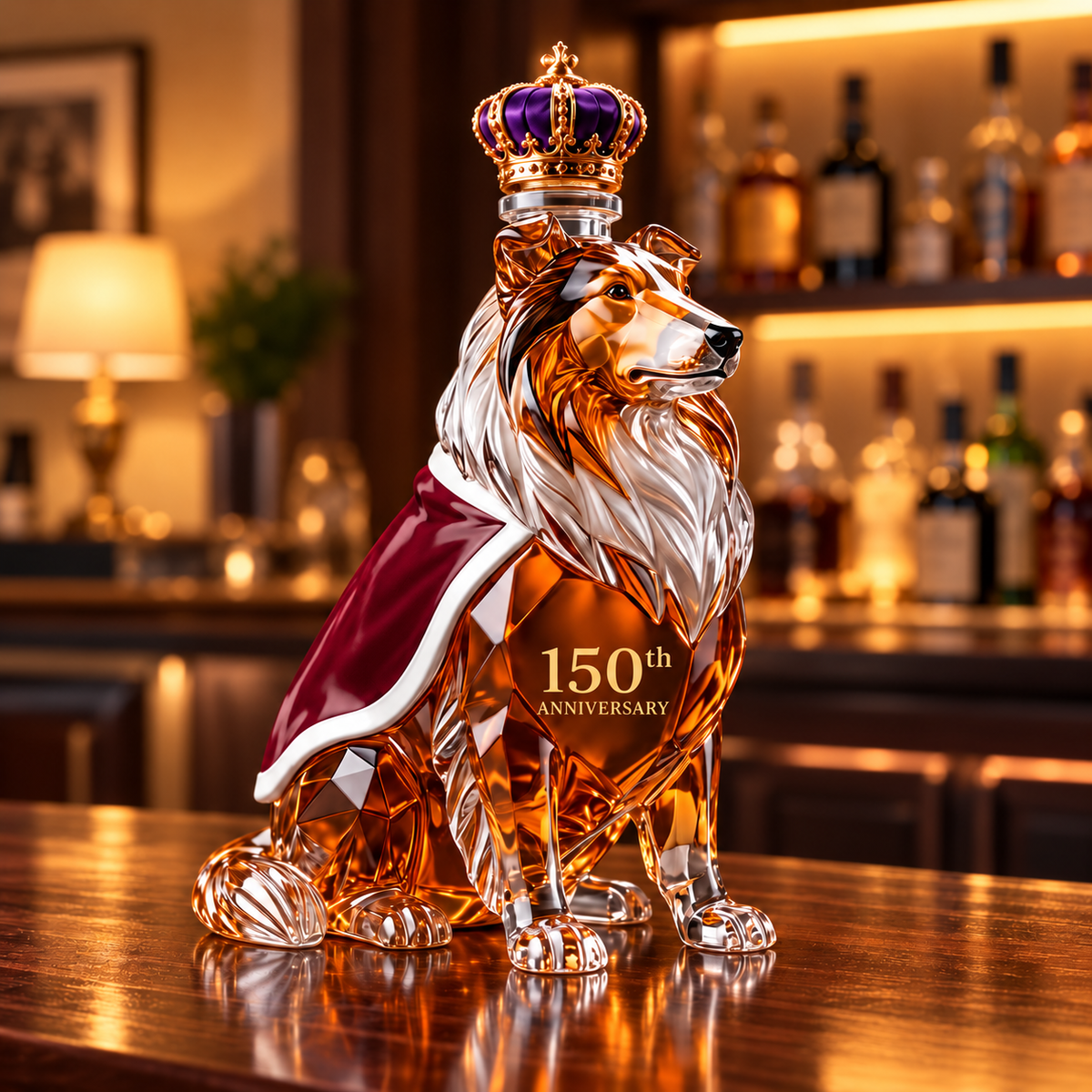Crowned Collie bottle with crown stopper and burgundy cape on a home bar