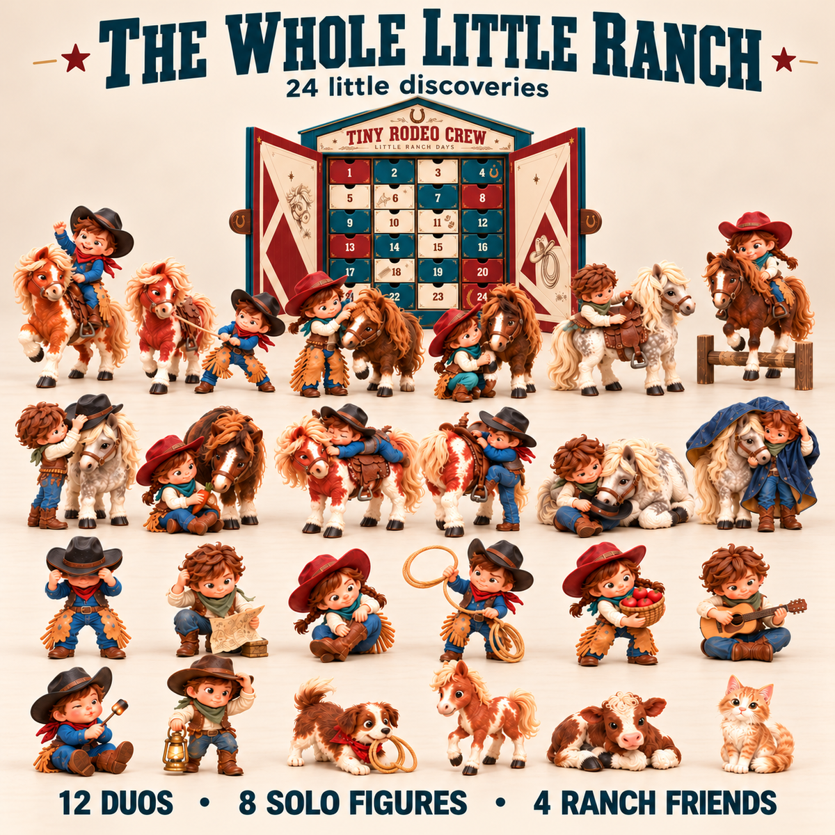 Full Tiny Rodeo Crew collection: twelve duos, eight solo figures and four ranch animals