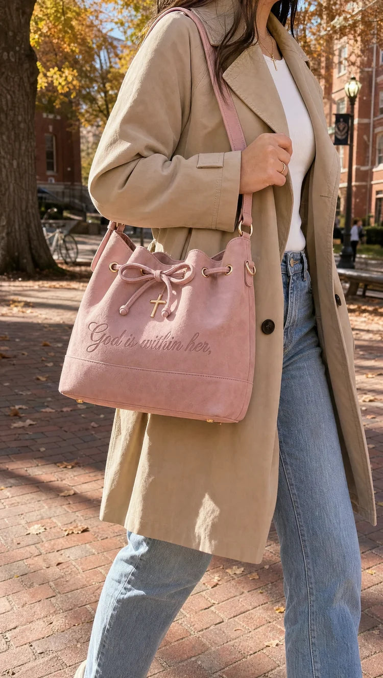 Woman wearing the blush pink bag outdoors
