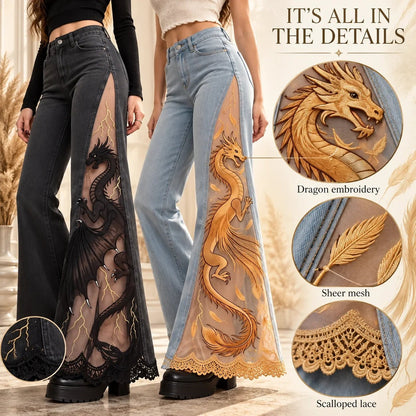 🐉 Handmade Sheer Mesh Dragon Embroidered Denim Pants