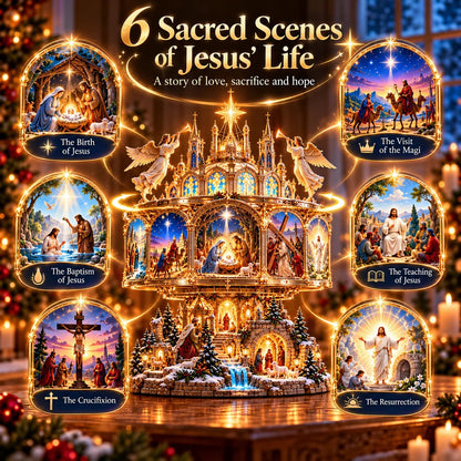 ✝️✨ Journey of Faith™ – 360° Rotating Lighted Bible Story Nativity Display with Angelic Cathedral & Sacred Scenes