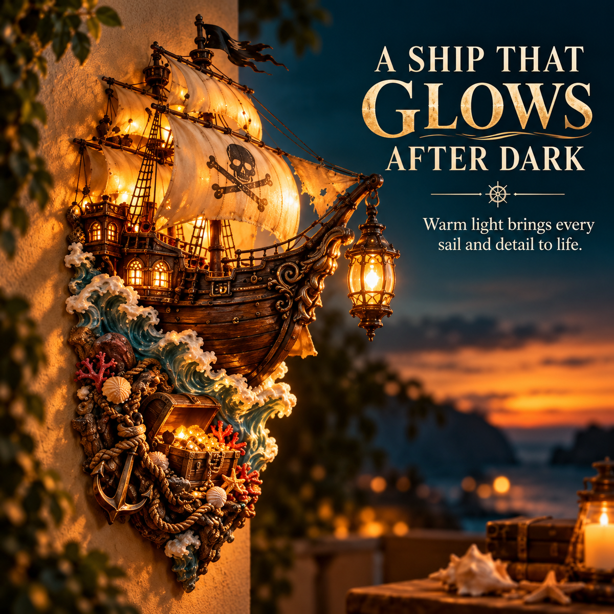 Pirate ship glowing with warm amber light at dusk