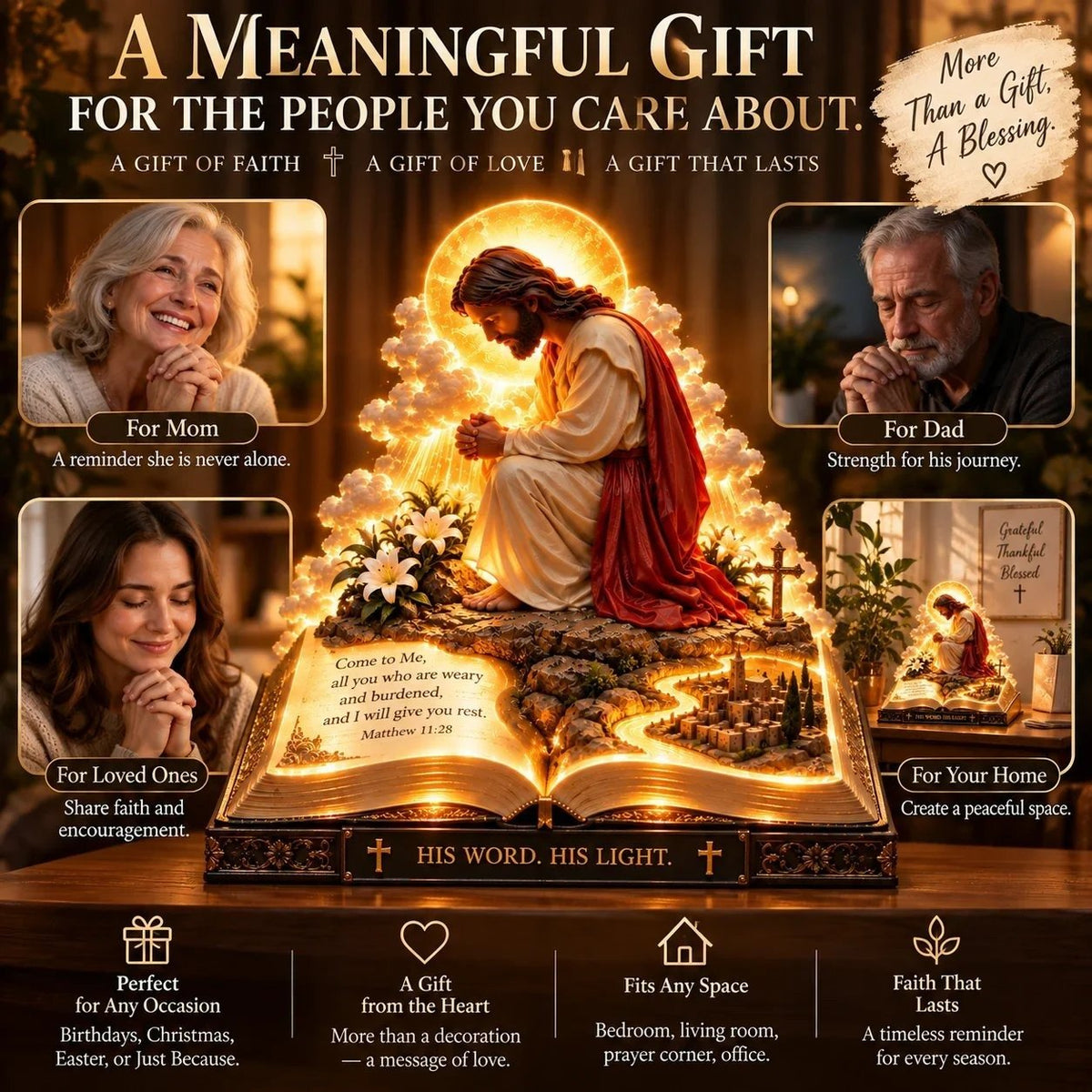 ✨🙏 Faith Brings PeaceTM — Illuminated Praying Jesus Figurine
