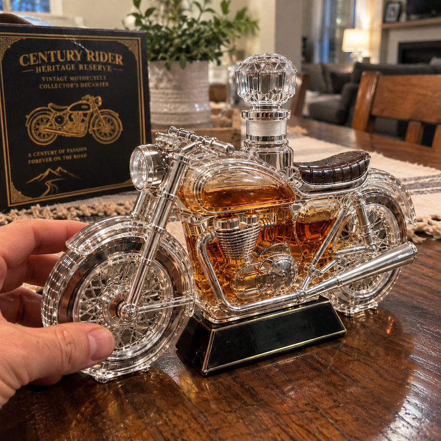 Hand beside clear motorcycle decanter partially filled with amber whiskey