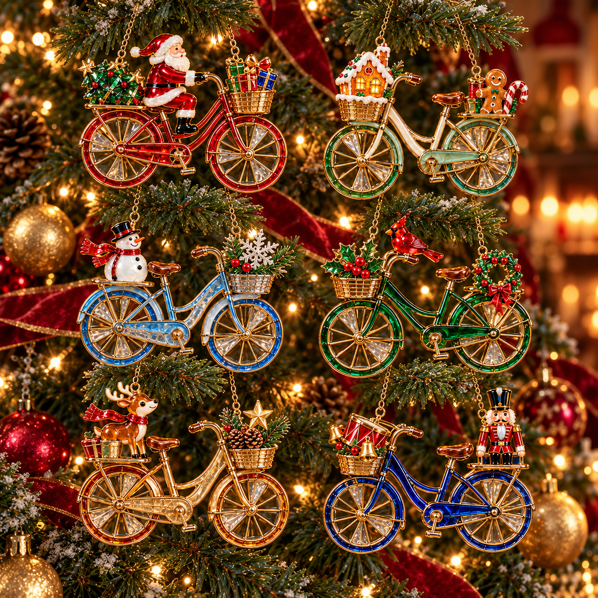 The six bicycle designs together: Santa, Gingerbread, Snowman, Cardinal, Reindeer and Nutcracker.