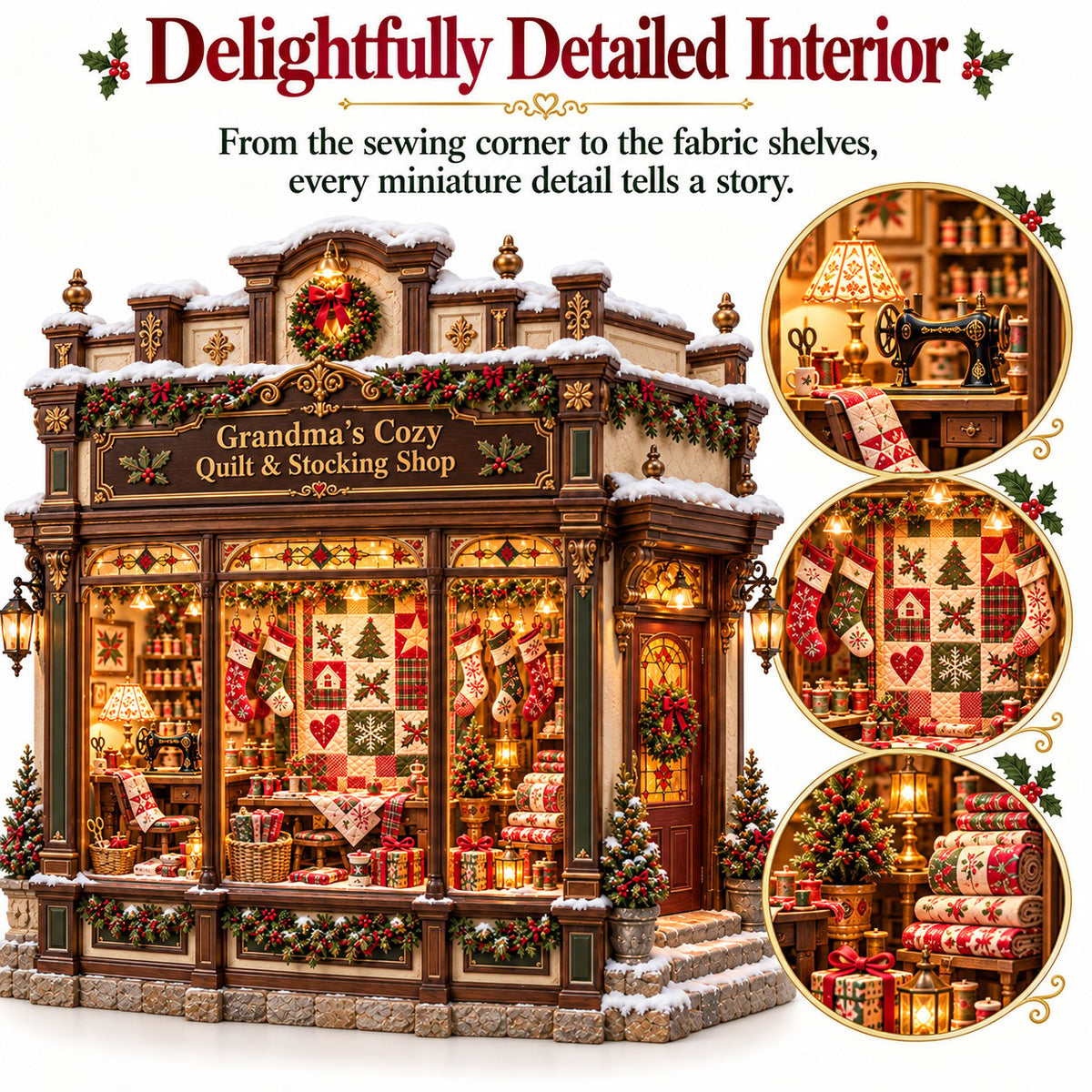 Grandma's Christmas Quilting Cottage – DIY Light-Up Miniature Dollhouse Kit, Cozy Holiday Craft & Handmade Christmas Gift
