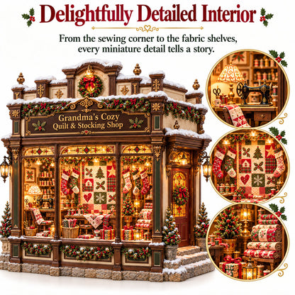 Grandma's Christmas Quilting Cottage – DIY Light-Up Miniature Dollhouse Kit, Cozy Holiday Craft & Handmade Christmas Gift