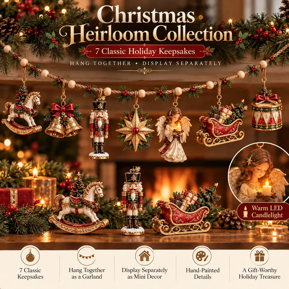 🎄 7-Piece Vintage Christmas Garland | Removable 3D Ornaments
