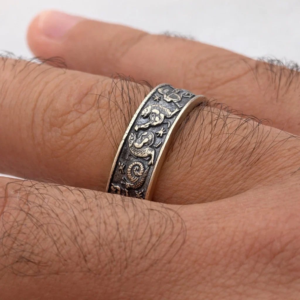 Medieval Marginalia Ring – Vintage Silver Ring with Whimsical Medieval Engravings 100% 925 Sliver