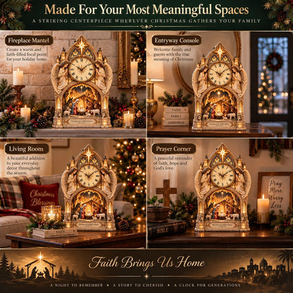 Cathedral-style Bethlehem Nativity clock – the Christmas story bathed in warm light.