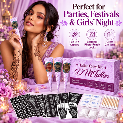Henna Tattoo Kit with Stencils – Temporary Body Art Cones for Hands & Creative Designs