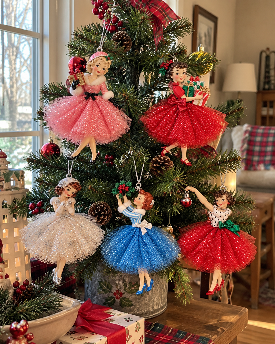 Five colorful vintage girl ornaments arranged on a tabletop Christmas tree