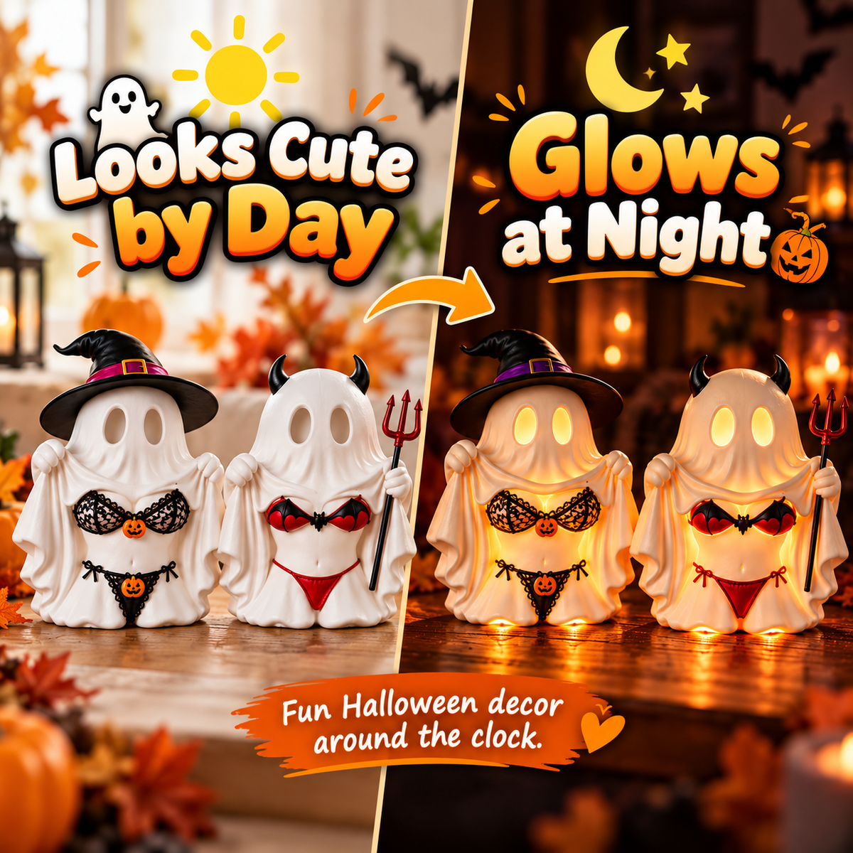 Cheeky Ghost decor during day and night
