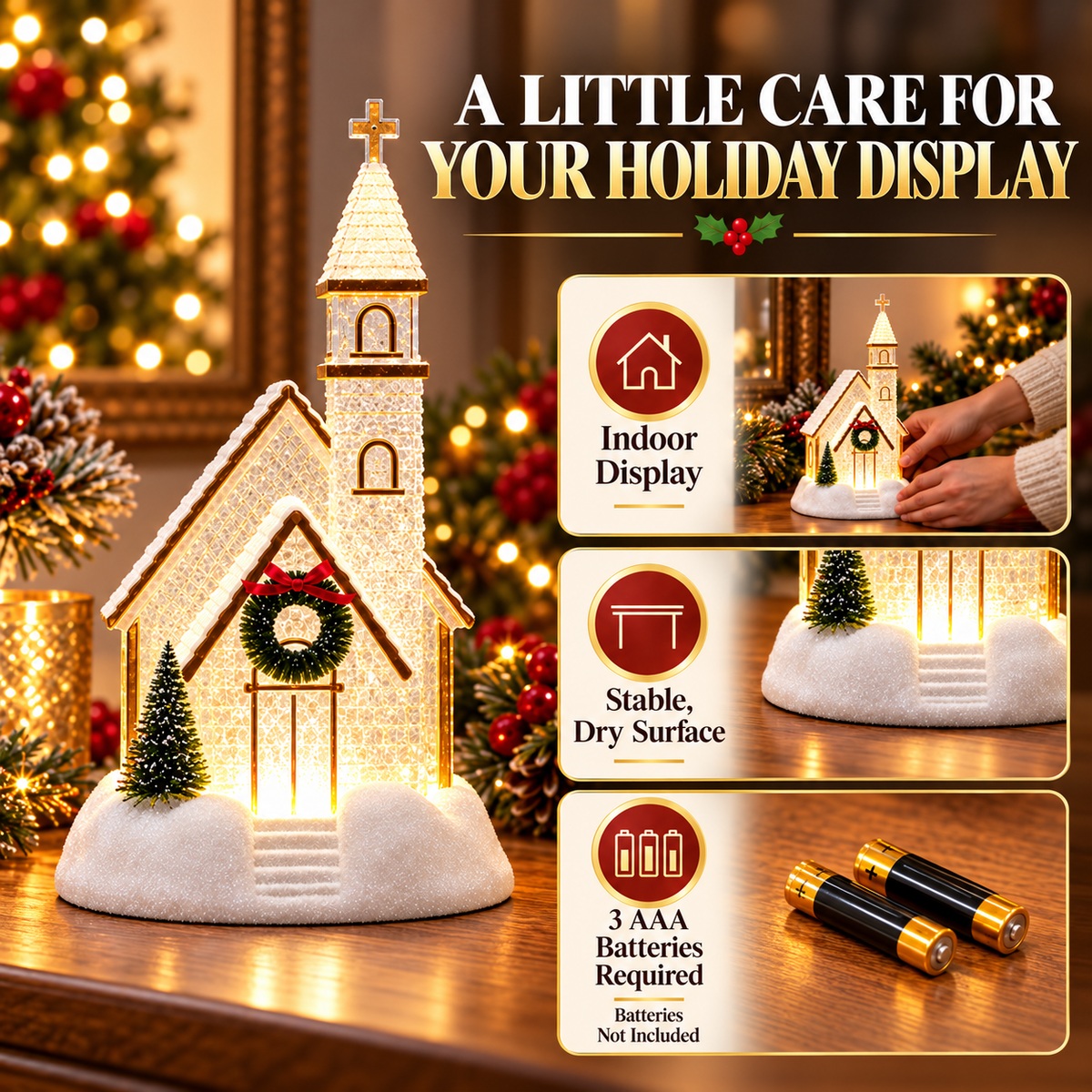 Indoor display guidance and batteries not included notice for Christmas church light