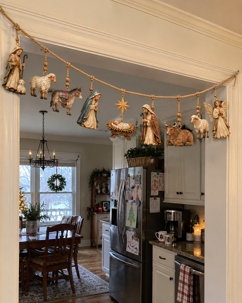 Nativity garland displayed in a decorated family home