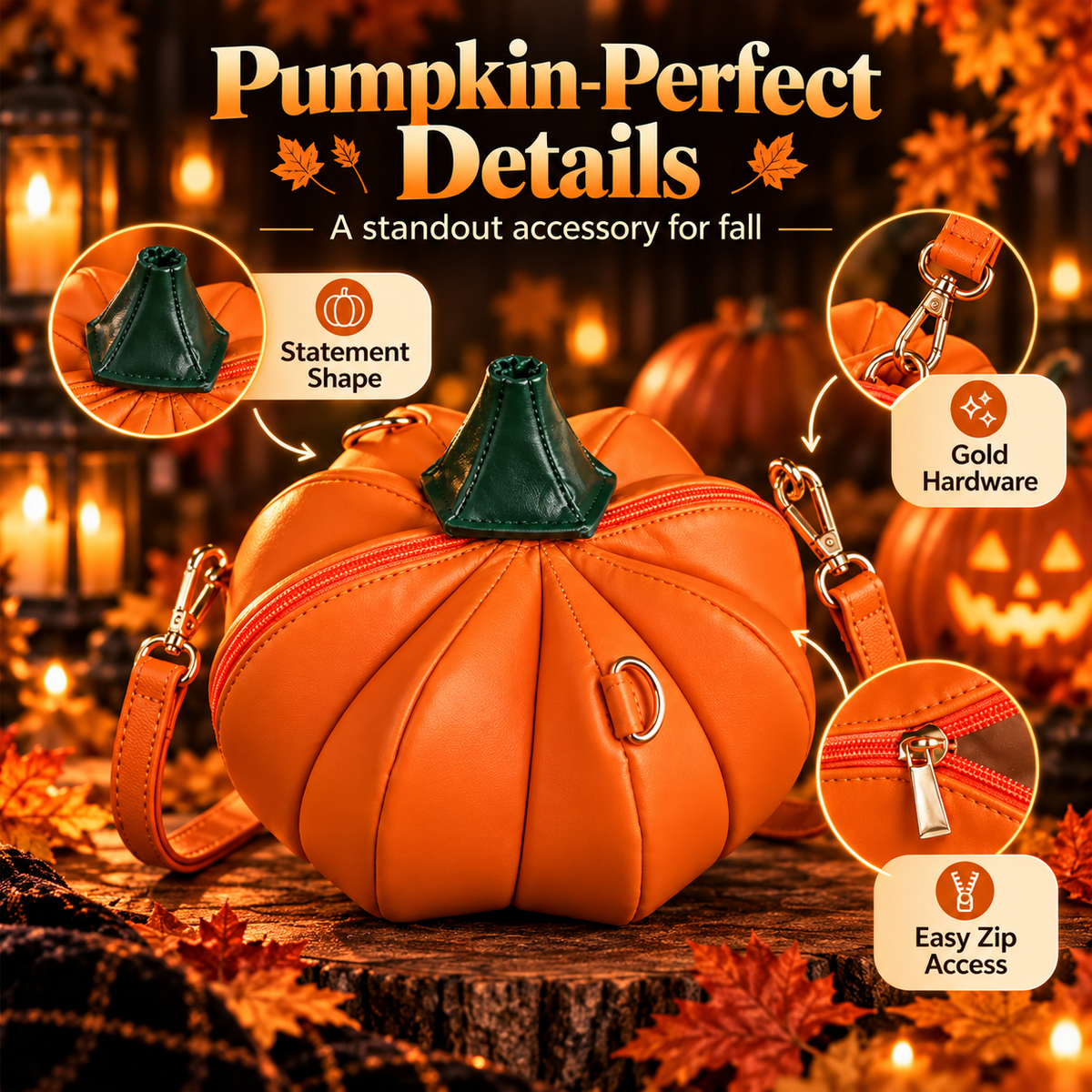 Pumpkin purse design details gold hardware zipper and stem