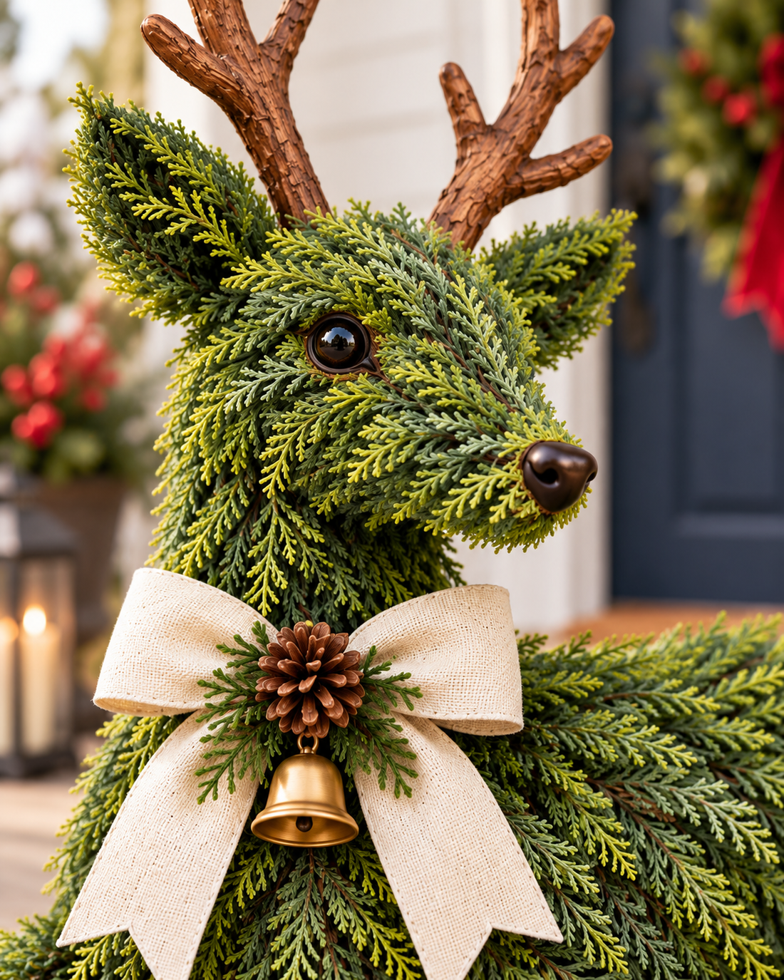 Close-up of evergreen branches, deer eyes, wood-look antlers, linen bow, pinecone, and brass-colored bell