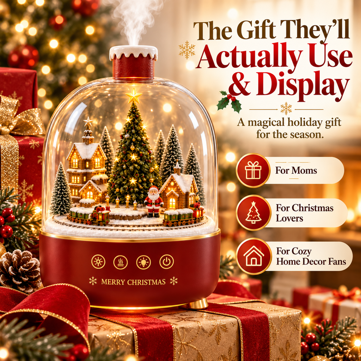 Gift idea Christmas village diffuser with wrapped holiday presents