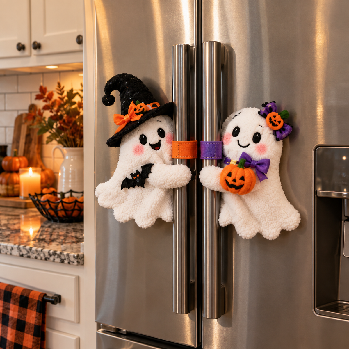Ghost Halloween Handle Huggers on refrigerator