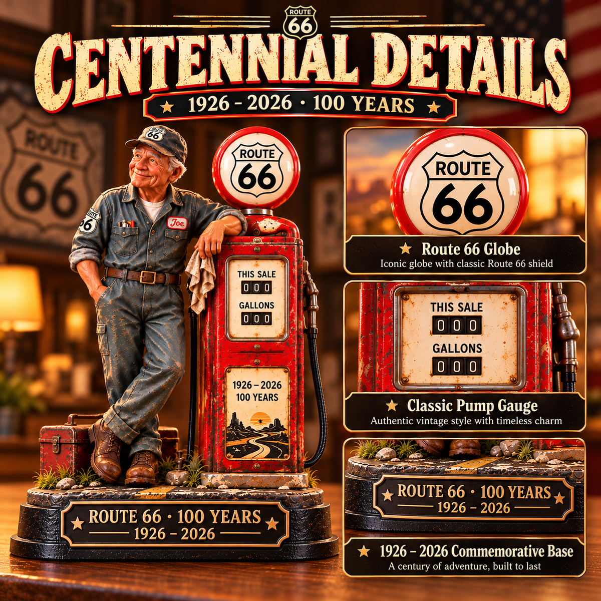 Route 66 globe and classic mechanical pump gauge with anniversary plaque