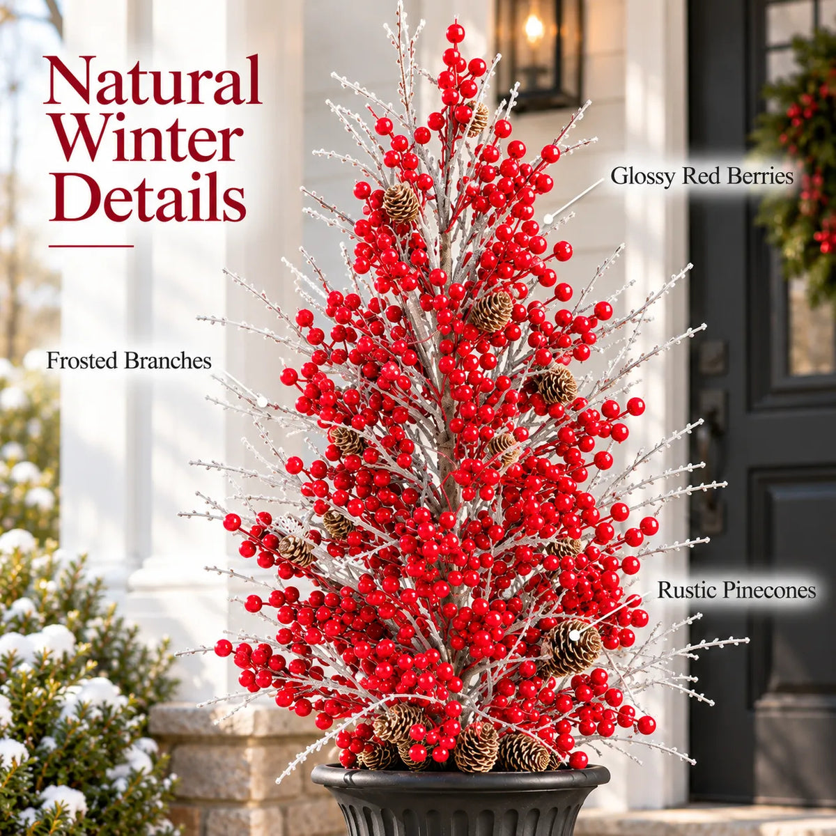 Close view of red berries frosted branches and pinecones