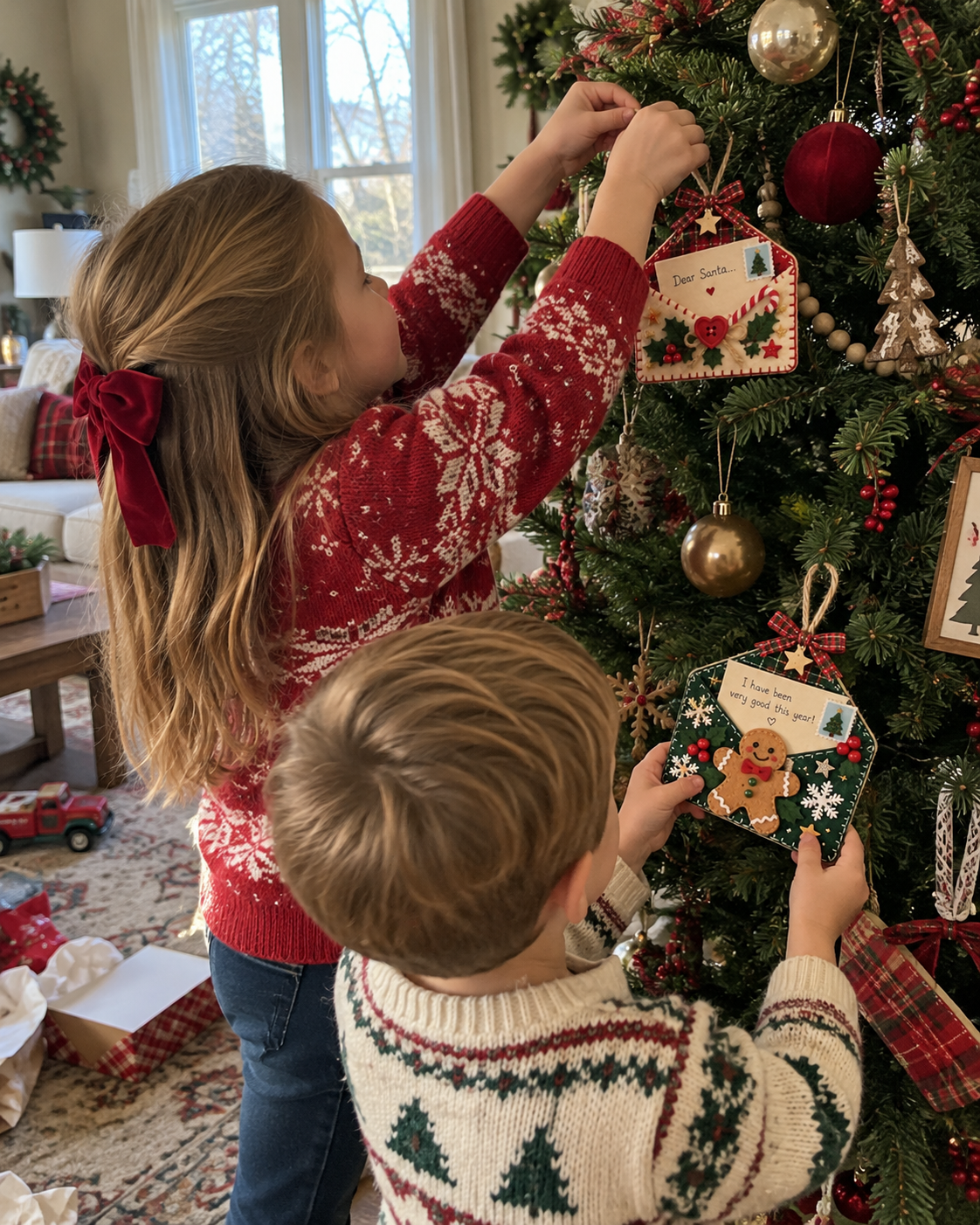 Siblings hanging their letter keepsakes on a Christmas tree