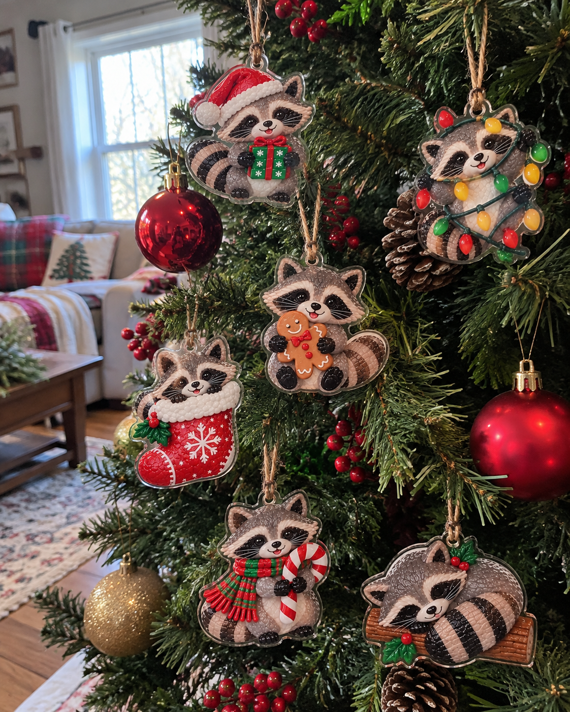 Flat acrylic raccoon ornaments hanging on a Christmas tree
