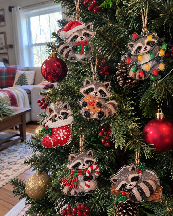 Flat printed acrylic raccoon ornaments on a Christmas tree