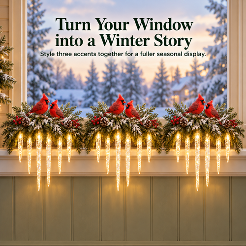 Cardinal Winter Glow — Lighted Snowy Cedar & Icicle Christmas Decor