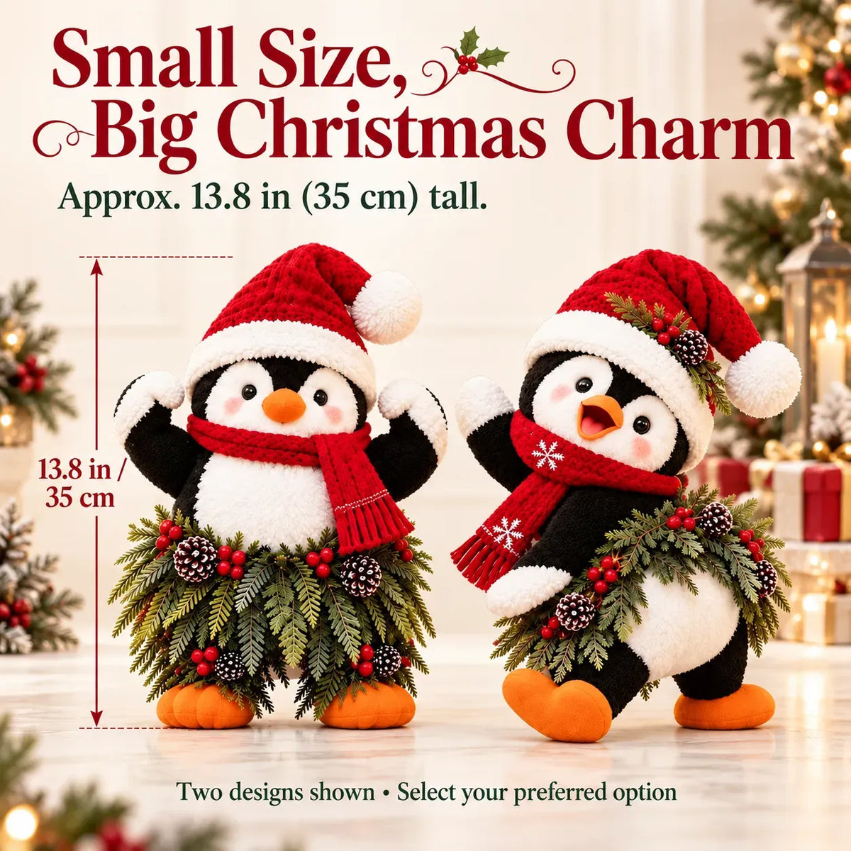 Weihnachtliche Pinguin-Willkommensdekoration mit Weihnachtsmütze und festlichem Grün