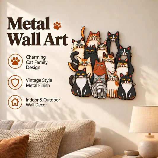 Whimsical Cat Family Metal Wall Art