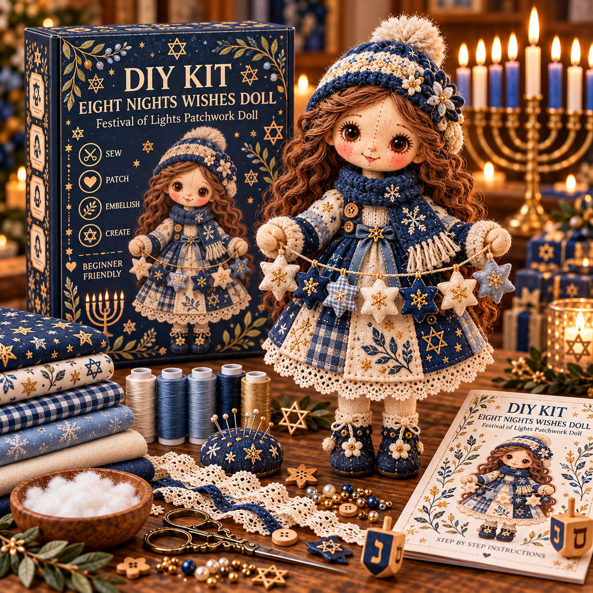 Hanukkah DIY Patchwork Doll Kit – Festival of Lights Handmade Keepsake | 3 Beautiful Designs to Choose From