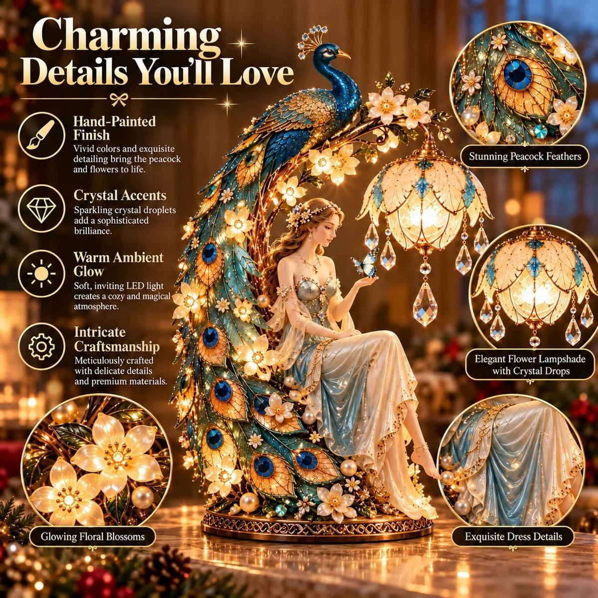 🦚✨ Moonlit Peacock Fairy™ – Bezaubernde Pfauenfee-Tischlampe mit warmem LED-Licht, kristallähnlichen Anhängern und eleganten Blumendetails | Stimmungsvolle Wohndekoration