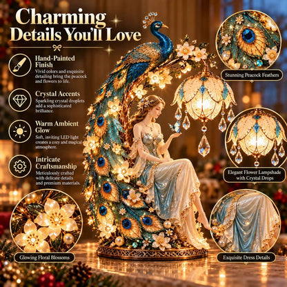 🦚✨ Moonlit Peacock Fairy™ – Bezaubernde Pfauenfee-Tischlampe mit warmem LED-Licht, kristallähnlichen Anhängern und eleganten Blumendetails | Stimmungsvolle Wohndekoration