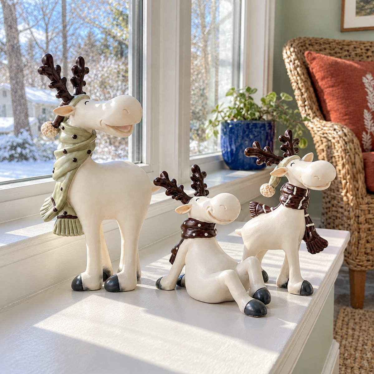 Three ivory Christmas reindeer figurines with scarves