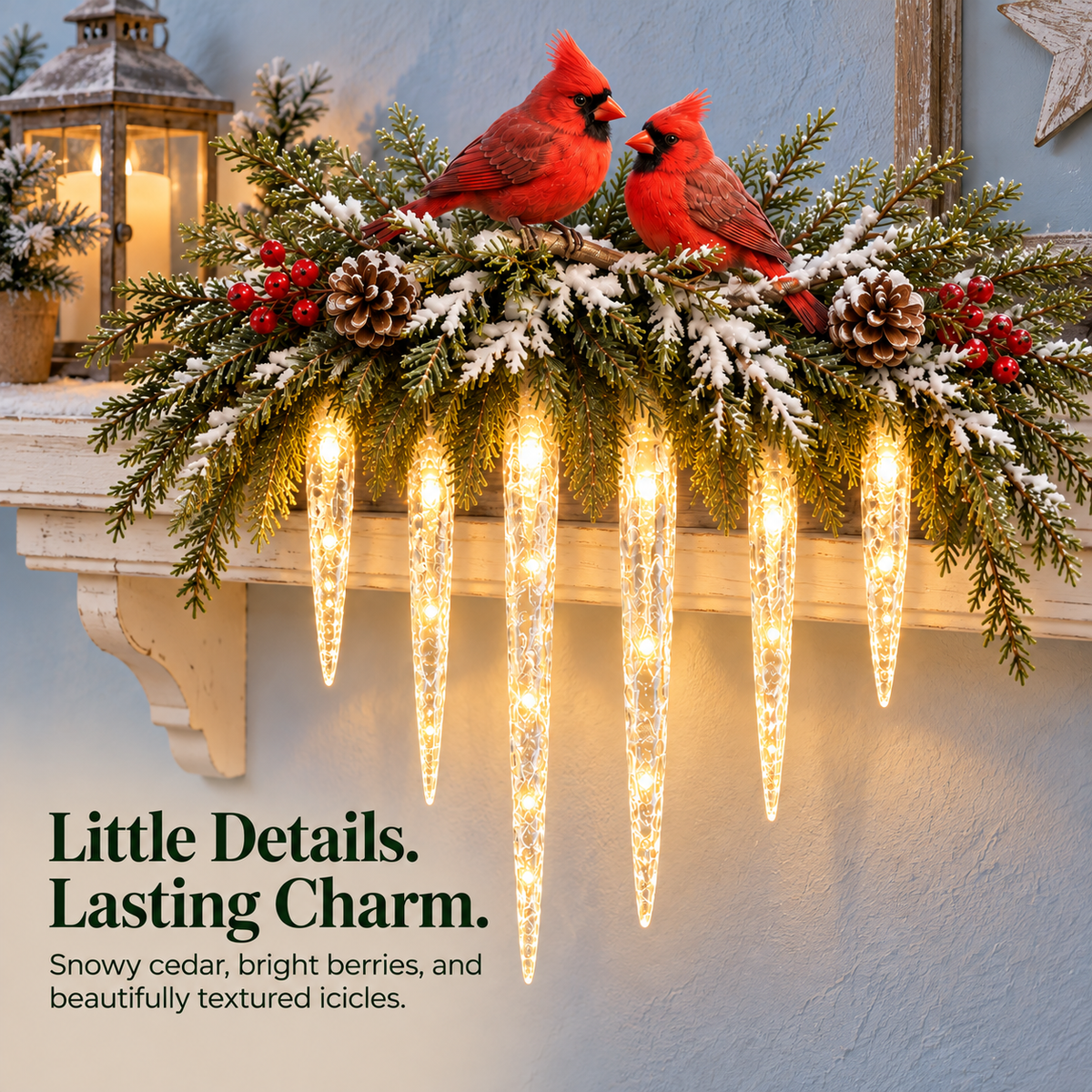 Cardinal Winter Glow — Lighted Snowy Cedar & Icicle Christmas Decor