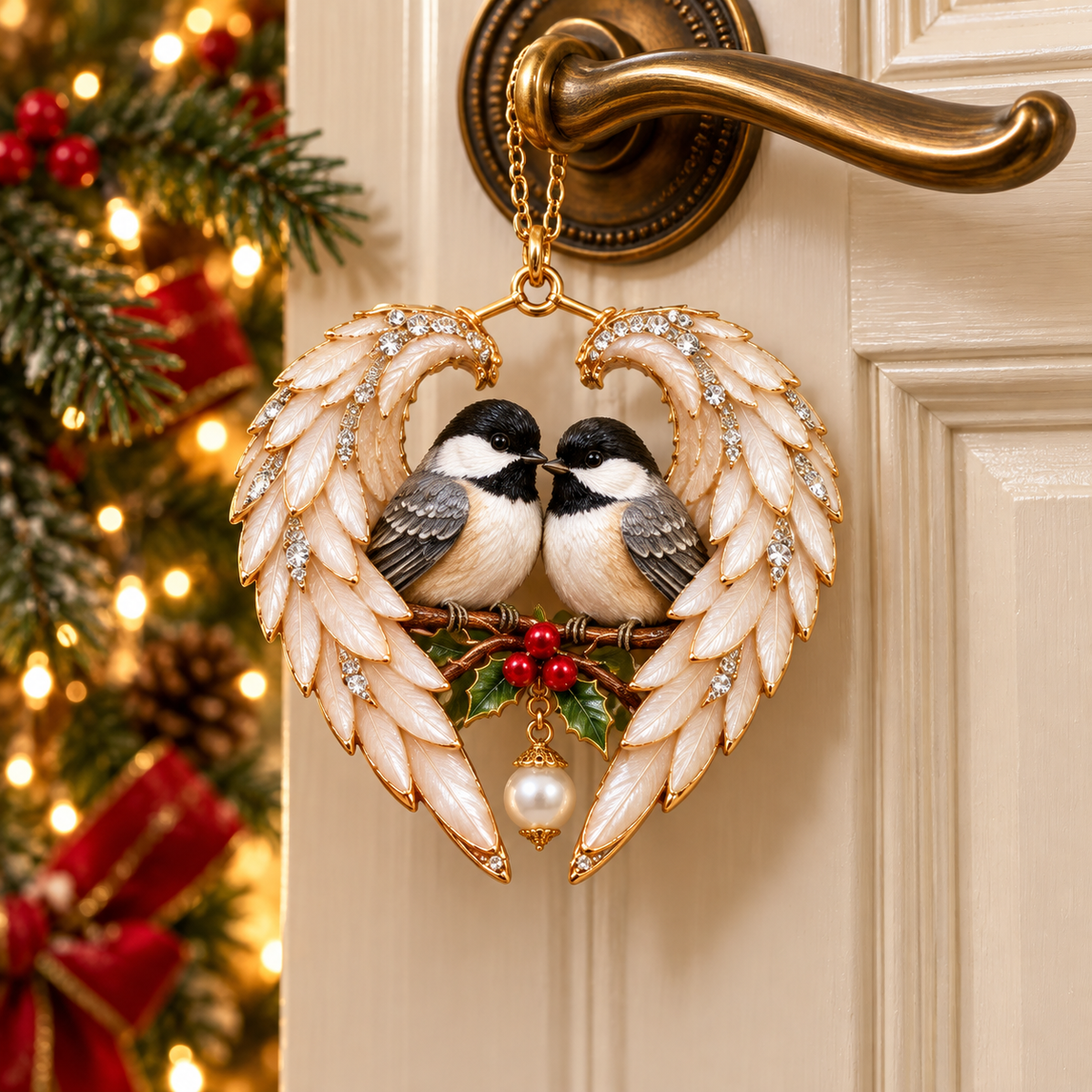 Chickadee winged heart ornament hanging from an indoor door handle