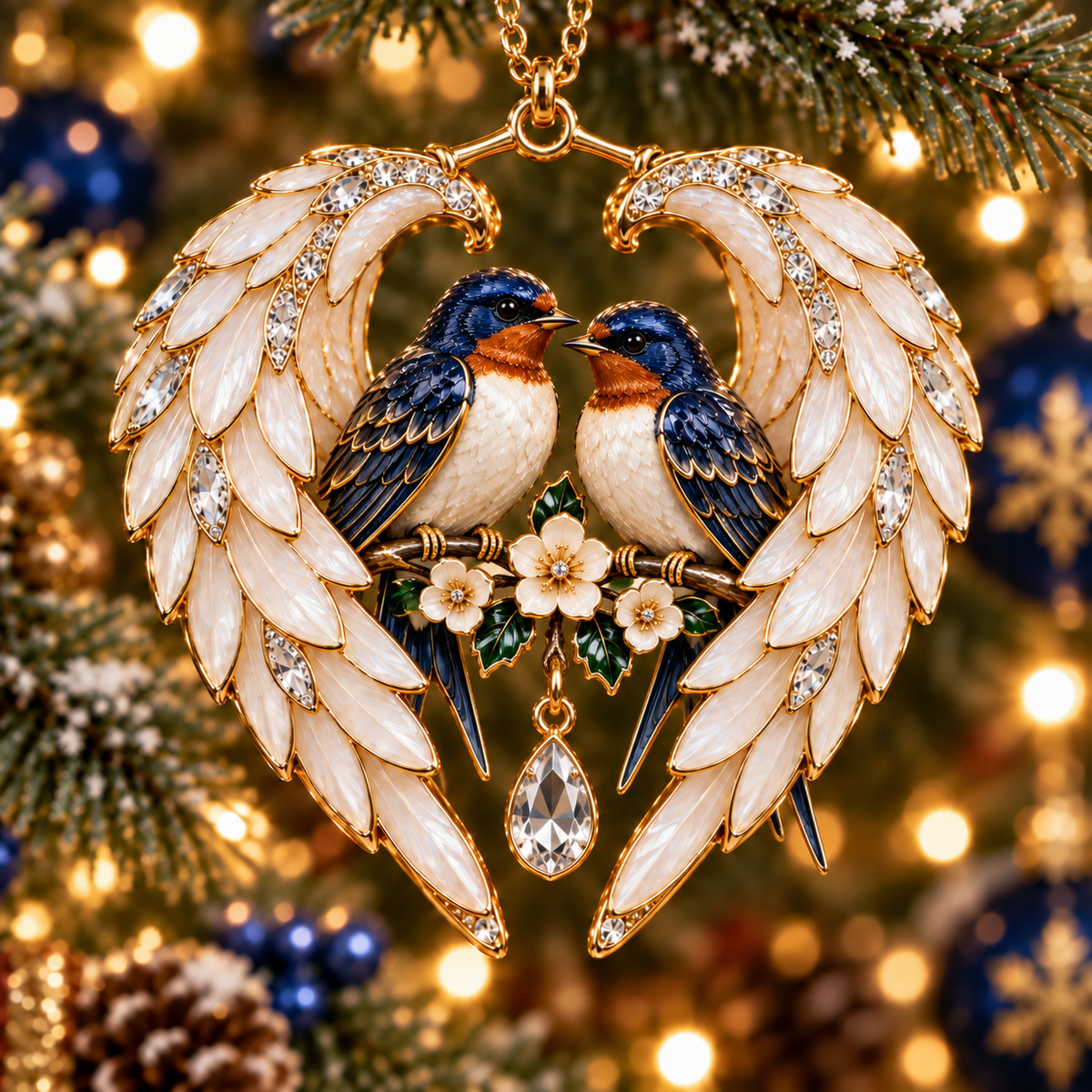 Swallow Pair with deep blue wings and pale flower details inside a white wing-shaped heart