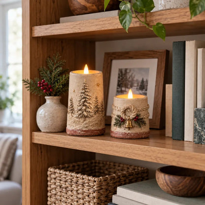 Rustic Christmas Flameless LED Candle Decor Set of 2